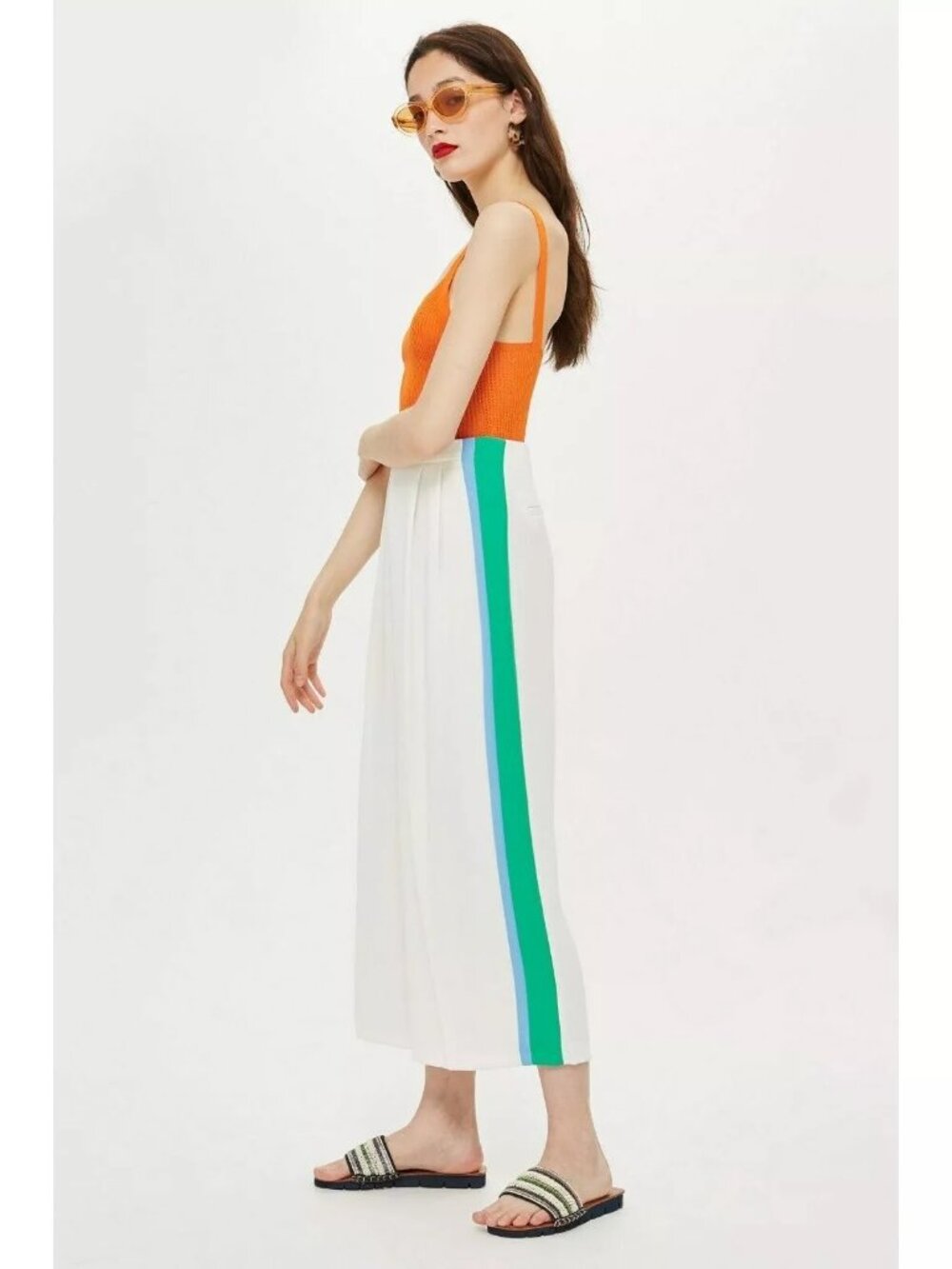 TOPSHOP White Crepe Green Blue Stripes Pleated Wide Leg Crop Pants 10US NEW